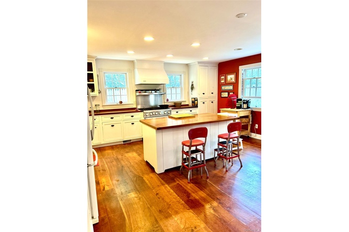 Kitchen with dark wood-type flooring, premium range hood, healthy amount of natural light, and recessed lighting