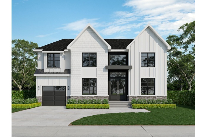 Modern farmhouse featuring board and batten siding, stone siding, a standing seam roof, and a front lawn