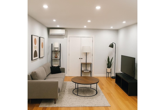 Living area with recessed lighting, light wood-style flooring, and a wall unit AC