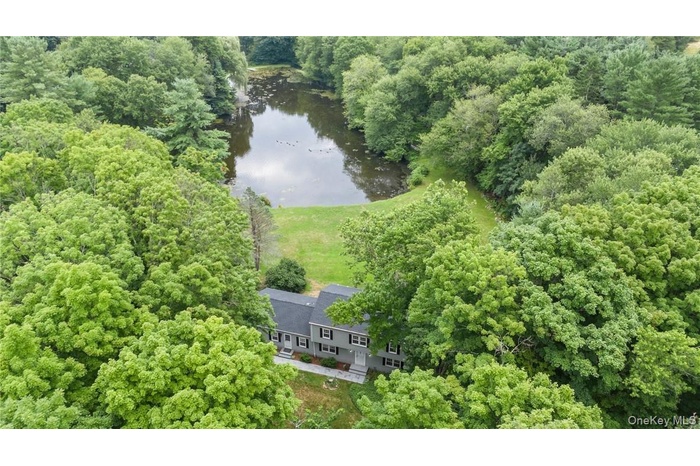 Birds eye view of property with a water view