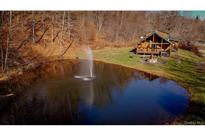 Aerial view of property and surrounding area featuring a nearby body of water and a forest