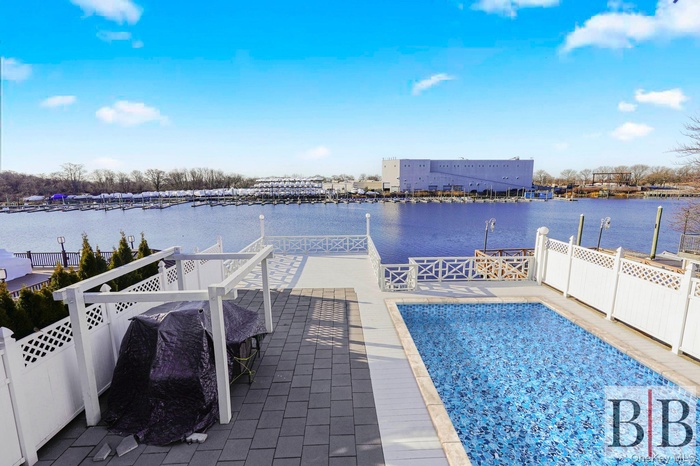 View of swimming pool with a water view
