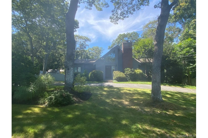 View of front facade featuring a chimney, a front lawn, and view of wooded area