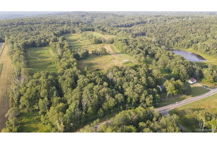 Aerial view of property's location featuring a large body of water and a forest