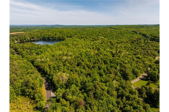 Birds eye view of the corner of Snyderville and Route 19 with twin lakes