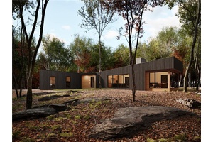 To Be Built Sleek and sophisticated, this modernist residence echoes the subtle ripples of nearby Round Pond, to which Lakeside has lake access rights.