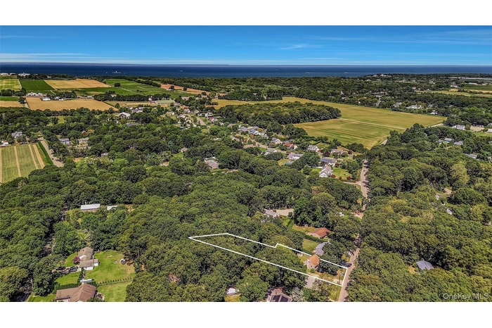 Aerial overview of property's location with a large body of water and property parcel outlined
