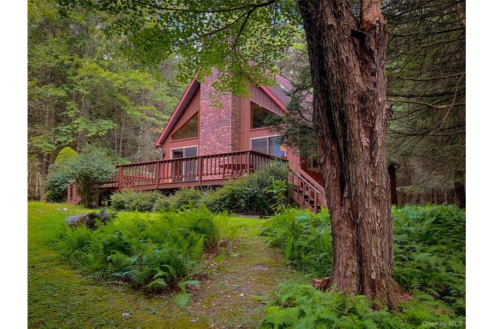 View of yard with a view of trees and a deck