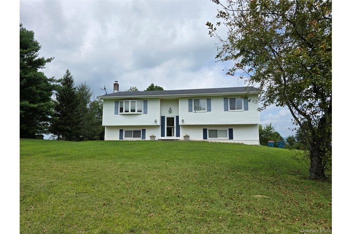 Split foyer home featuring a chimney and a front yard