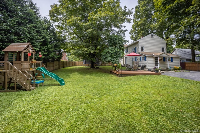 Fenced backyard with a deck and a playground