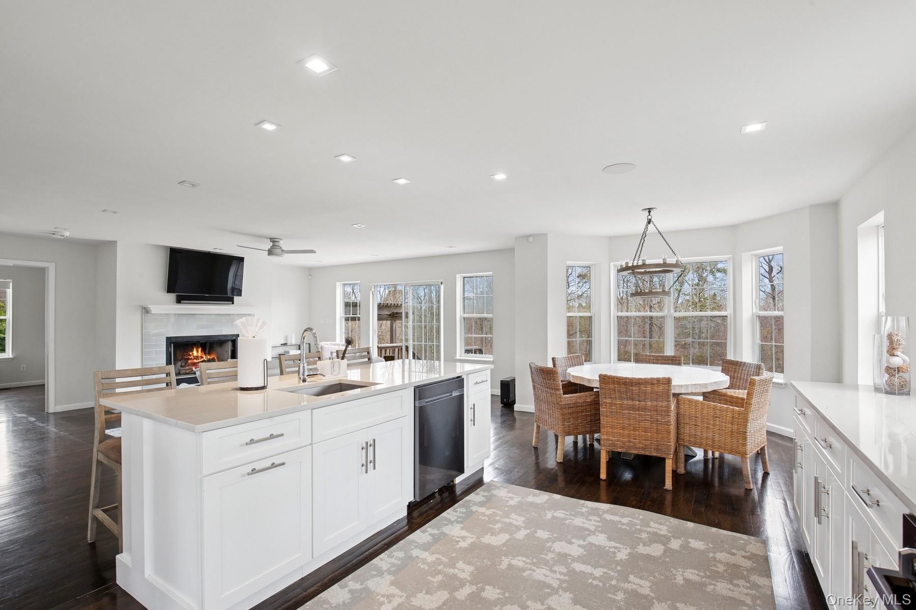 Kitchen with dark wood-style flooring, a lit fireplace, a ceiling fan, dishwasher, and a sink