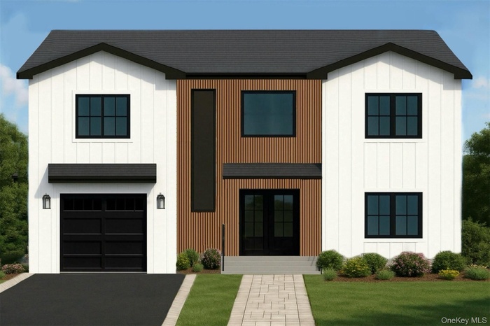 Modern inspired farmhouse with an attached garage, board and batten siding, driveway, and a front yard
