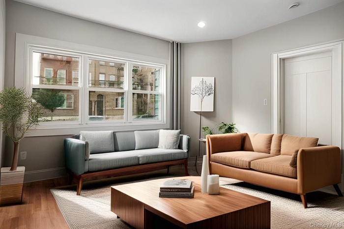 Living area with wood finished floors and recessed lighting