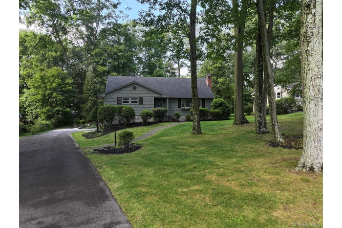 Single story home featuring a front yard, a chimney, view of scattered trees, driveway, and roof with shingles