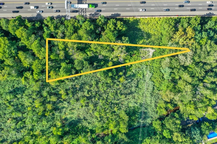 Aerial view of property's location with property parcel outlined and a forest