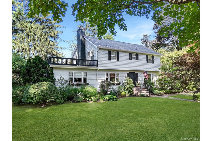 Colonial inspired home featuring a chimney and a front lawn