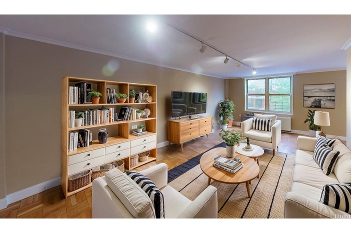 Living area featuring track lighting, baseboards, radiator heating unit, and crown molding