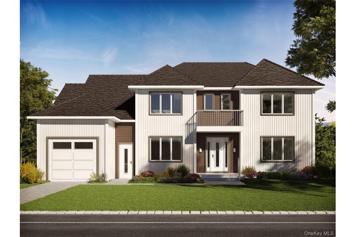 Modern inspired Colonial with a front lawn, a balcony, an attached garage, and roof with shingles