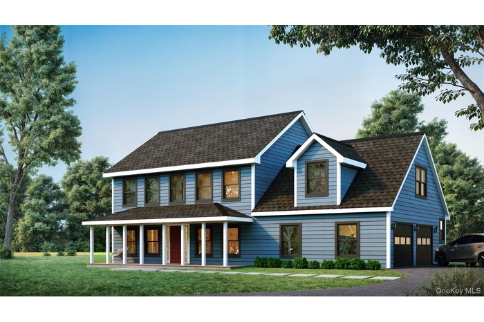 View of front of property featuring aphalt driveway, roof with shingles, a porch, a front yard, and a garage