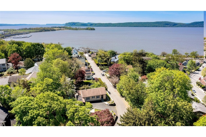 Drone / aerial view featuring the Hudson River and Palisades