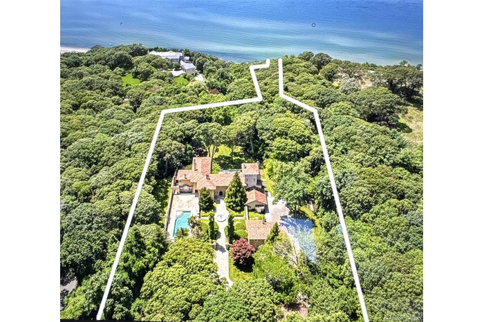 Aerial overview of property's location with property boundaries highlighted and a heavily wooded area