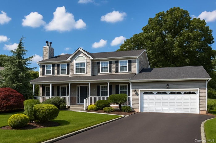 Colonial inspired home featuring driveway, covered porch, a front lawn, a chimney, and a garage