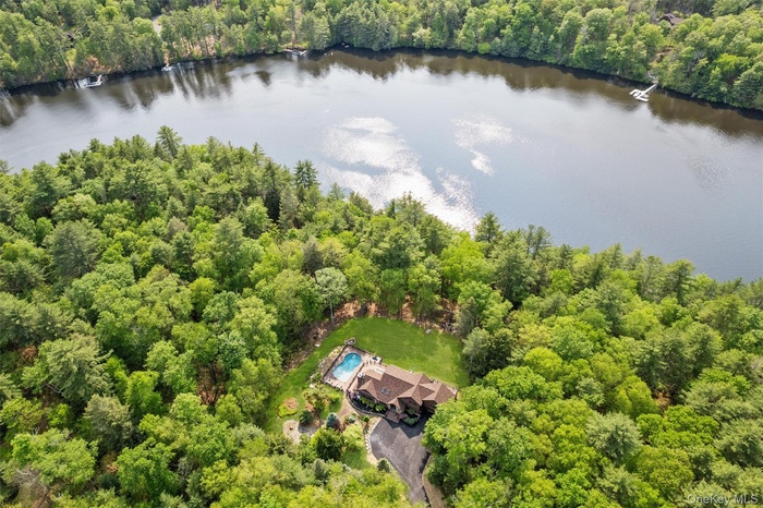 Bird's eye view of a heavily wooded area and a nearby body of water