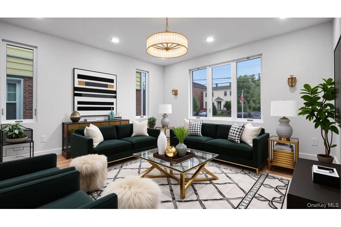 Living area with wood finished floors and recessed lighting
