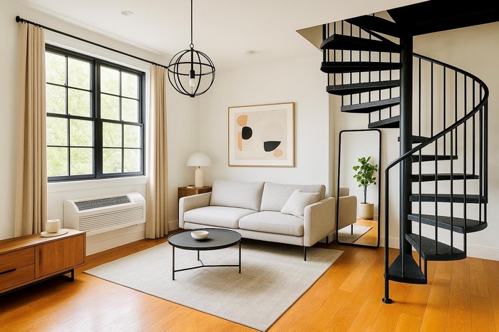 Living room featuring stairway, wood finished floors, a chandelier, and an AC wall unit