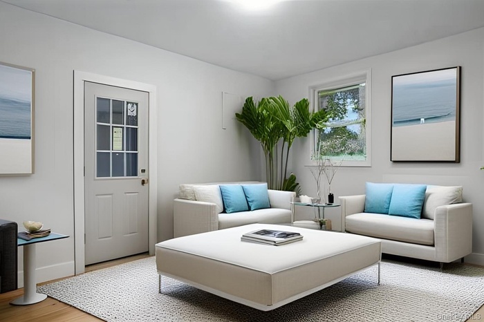 Living room with wood finished floors and baseboards