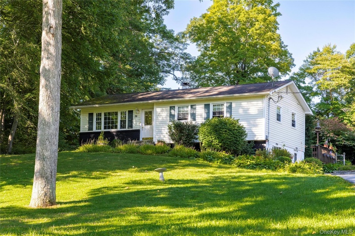 View of front facade featuring a front lawn and a chimney