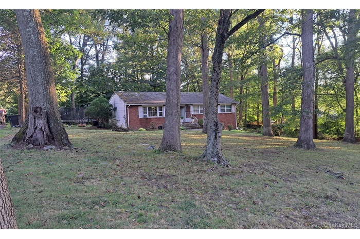 Ranch-style home featuring brick siding, a front lawn, and view of scattered trees