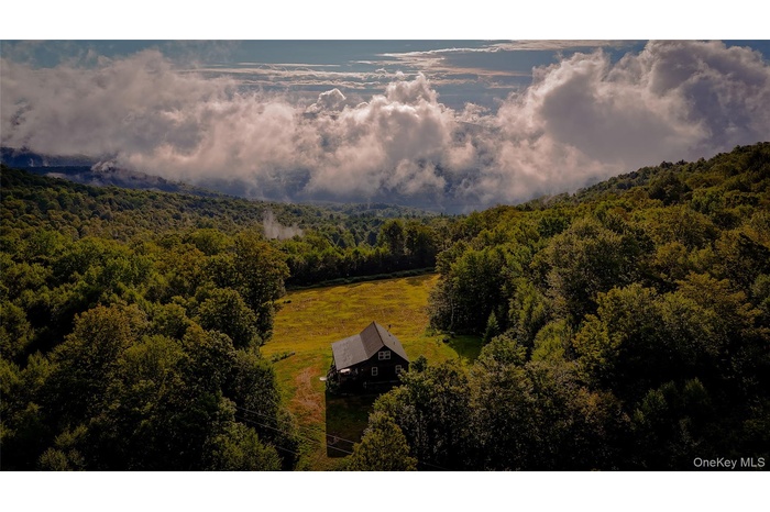 View of subject property with a forest