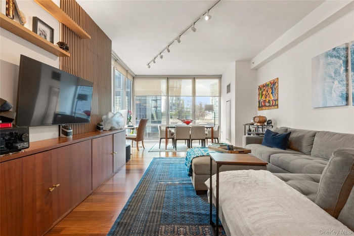 Living area featuring track lighting, dark wood-type flooring, and a wall of windows