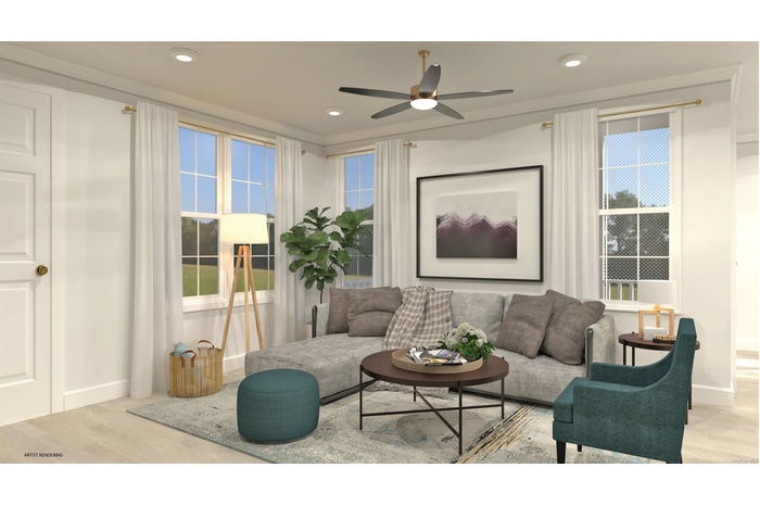 Living area featuring light wood-type flooring, baseboards, a ceiling fan, and recessed lighting
