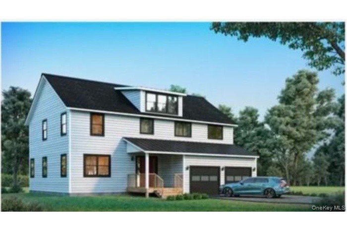View of front of house featuring a porch and a garage