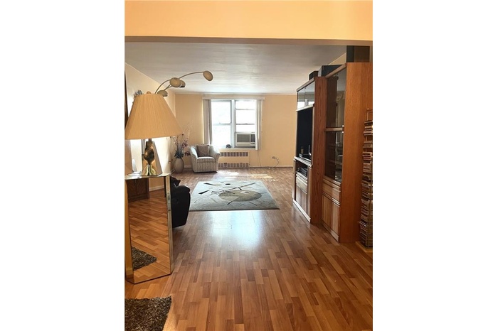Living area featuring radiator, wood finished floors, and cooling unit