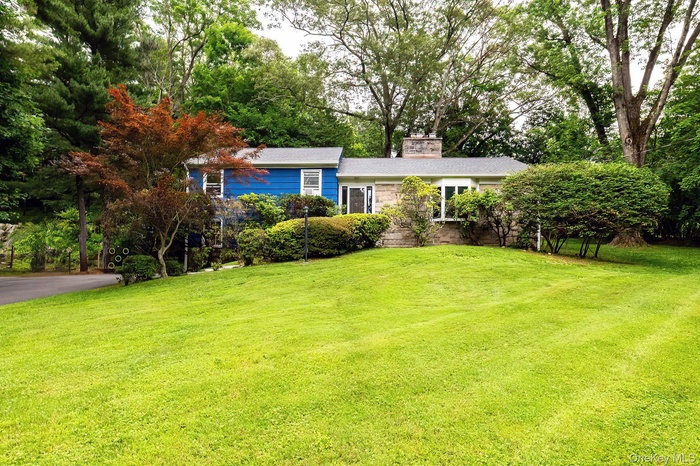 View of front of property featuring a chimney and a front lawn