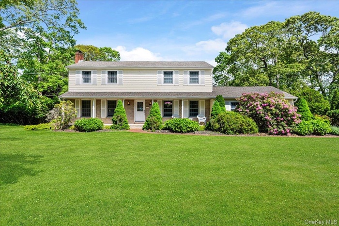 Traditional-style house with covered porch, a chimney, and a front yard