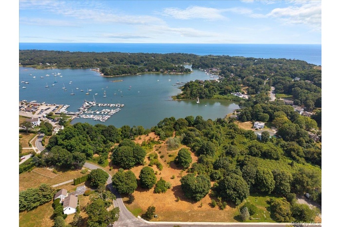 Aerial view of property and surrounding area with a marina and a nearby body of water