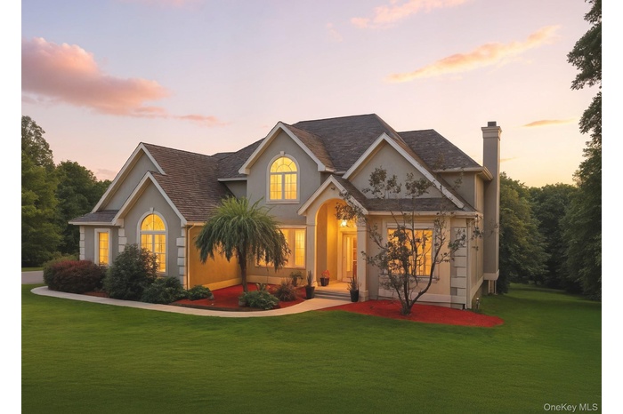 View of front of home with stucco siding, a yard, and a chimney
