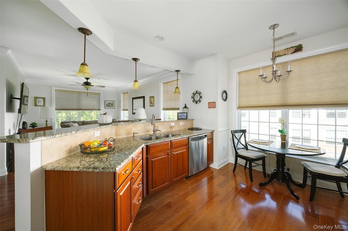 Kitchen with a peninsula, dark stone countertops, dark wood-style flooring, hanging light fixtures, and stainless steel dishwasher