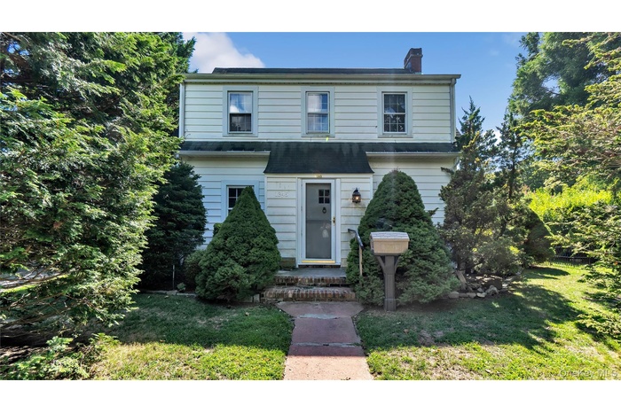 Traditional-style home featuring a front lawn and a chimney
