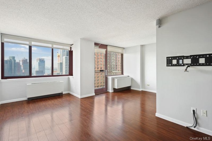 Spare room with plenty of natural light, radiator heating unit, dark wood-style flooring, and a textured ceiling
