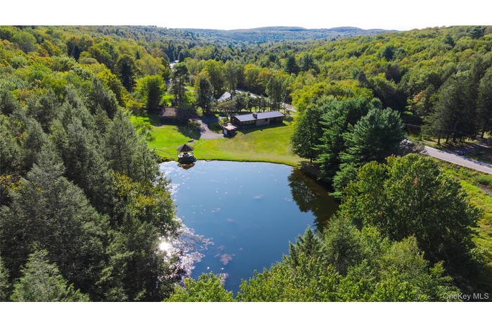 Aerial view of a heavily wooded area and a large body of water