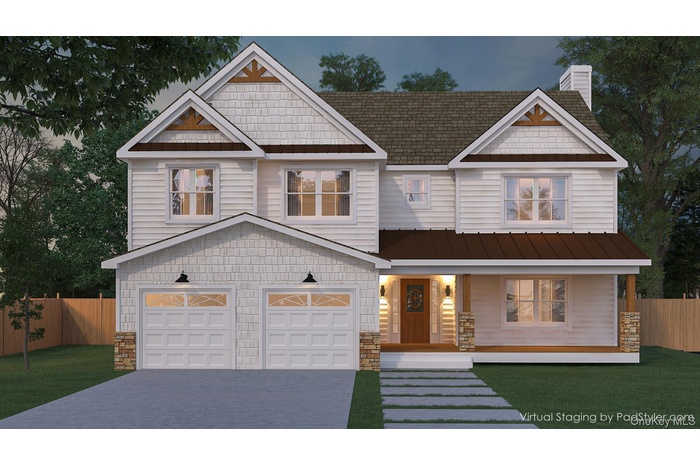 Craftsman-style house featuring a porch, a chimney, stone siding, and driveway