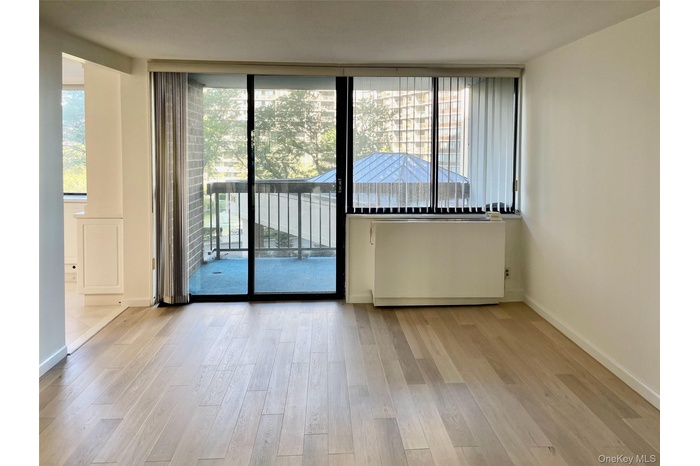 Empty room featuring light wood finished floors and expansive windows