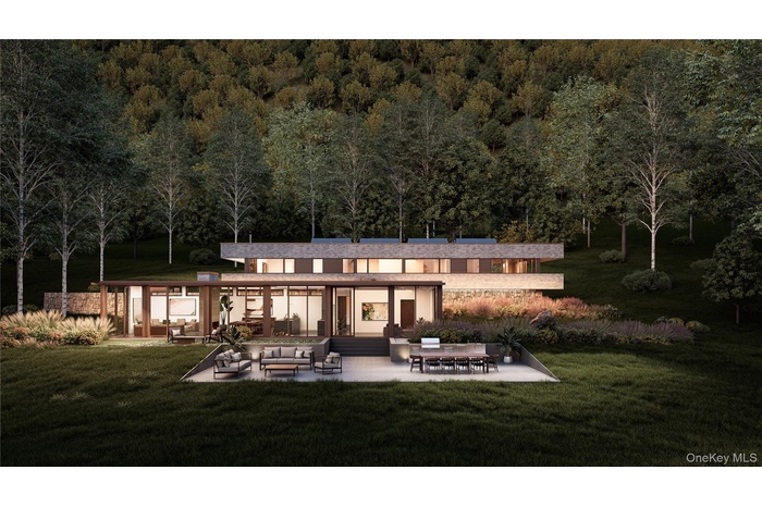 Twilight rendering of residence - illuminating the extensive glazing.