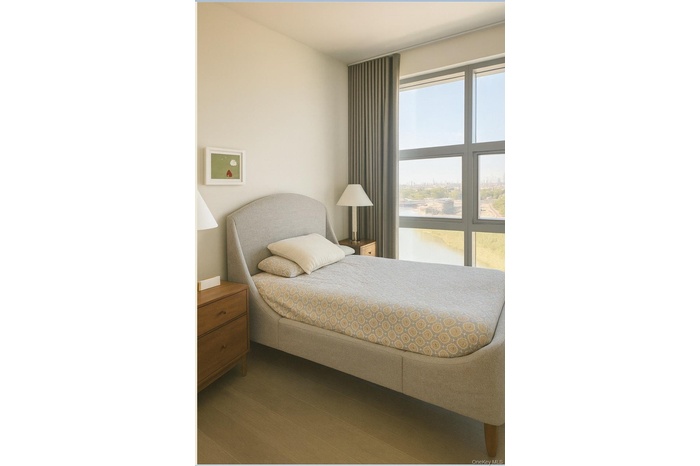 Bedroom with wood finished floors and a water view