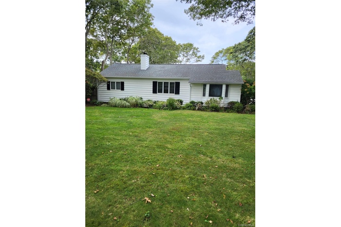 Back of house with a chimney and a lawn
